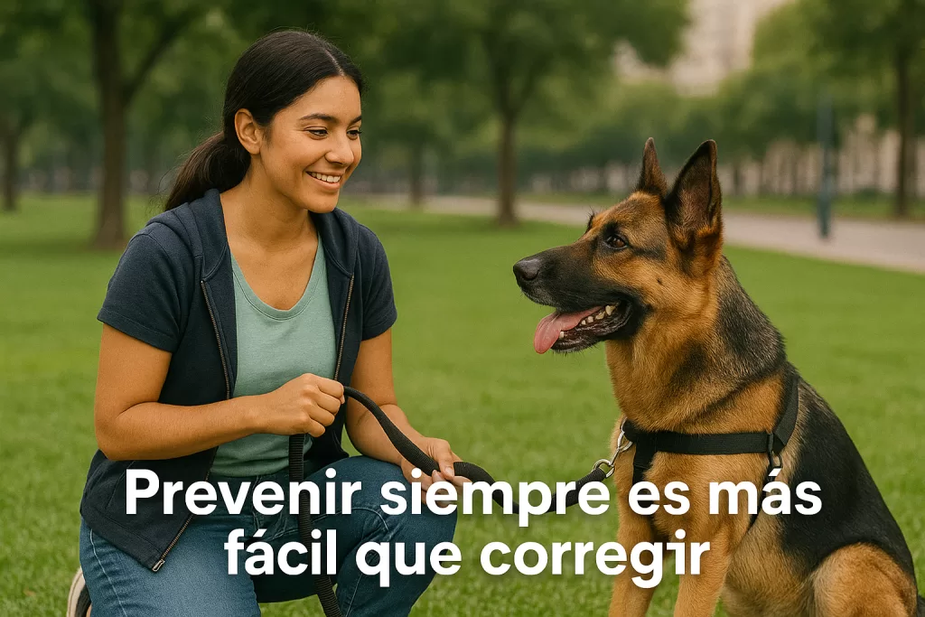 Perro joven mirando relajado a su entrenadora en un parque urbano durante una sesión tranquila