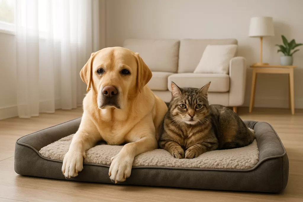señales de dolor en perros y gatos con perro y gato descansando en cama ortopédica en salón luminoso