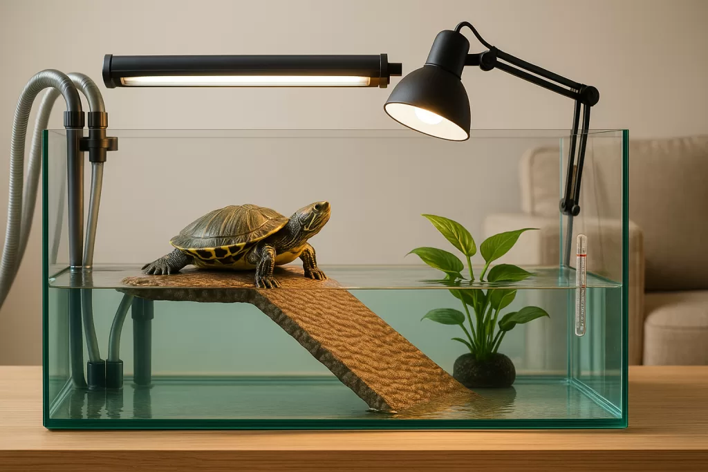 Acuaterrario para tortugas de agua El Acuaterrario para tortugas de agua es el corazón de su bienestar: tamaño suficiente, filtración sobredimensionada, plataforma de basking segura, lámpara UVB + foco de calor y un plan de mantenimiento constante. Con esta guía práctica aprenderás a elegir, montar y mantener un Acuaterrario para tortugas de agua estable, silencioso y fácil de limpiar, evitando errores caros y problemas de salud. Aviso responsable: aunque este texto sobre Acuaterrario para tortugas de agua es muy completo, no sustituye la valoración veterinaria. Si observas apatía, caparazón blando, ojos hinchados o flotabilidad anómala, consulta con un profesional. Tabla de contenidos Por qué importa el Acuaterrario para tortugas de agua Volumen, medidas y “regla de crecimiento” Diseño “3 zonas”: agua, rampa y basking Filtración sobredimensionada (y cómo ciclarla) Calentador, temperatura y estabilidad Iluminación: UVB + calor, posiciones y recambios Agua clara y segura: parámetros, test y rutinas Sustratos, decoración y seguridad anti-atascos Montaje paso a paso (HowTo visible) Plan de mantenimiento: diario, semanal y mensual Errores comunes y cómo evitarlos Casos prácticos por especie y clima Guía de compra por presupuesto (básico, medio, premium) Checklist antes de comprar y antes de montar Solución de problemas (troubleshooting) Preguntas frecuentes (FAQ) Interlinks internos recomendados Conclusión y próximo paso 1) Por qué importa el Acuaterrario para tortugas de agua Una tortuga sana nada, explora, sube a secarse y toma “sol” bajo UVB. Todo eso ocurre dentro del Acuaterrario para tortugas de agua. Si el volumen es pequeño, el agua se ensucia rápido; si la plataforma resbala, no sube; sin UVB, el calcio no se fija en el caparazón; con filtro débil, aparecen picos tóxicos. Invertir de forma inteligente en el Acuaterrario para tortugas de agua ahorra dinero y visitas de urgencia: más litros, mejor filtración y un basking confiable valen oro. Beneficios directos: Caparazón firme y crecimiento uniforme. Agua clara y sin olor, con menos cambios traumáticos. Conducta activa y curiosa, con basking diario. Mantenimiento predecible y silencioso. 2) Volumen, medidas y “regla de crecimiento” El volumen manda. En el Acuaterrario para tortugas de agua, más litros = más estabilidad. Tamaño del caparazón Volumen mínimo recomendado Nota práctica 5–8 cm (juvenil) 60–80 L Crece rápido: planifica a 12 meses 9–12 cm 120–150 L Filtración sobredimensionada 13–20+ cm 200 L o más Mejor filtro externo y tapa parcial Regla de crecimiento: si dudas entre dos tamaños, elige el mayor. Las tortugas crecen y ensucian más que un pez; el Acuaterrario para tortugas de agua debe anticipar el tamaño adulto. Forma del tanque: rectangular, largo y poco más alto que necesario. La superficie amplia facilita intercambio gaseoso y deja sitio para la plataforma. 3) Diseño “3 zonas”: agua, rampa y basking El Acuaterrario para tortugas de agua debe permitir: Columna de agua: espacio libre para nadar sin obstáculos cortantes. Rampa: con tracción, pendiente suave y ancho suficiente. Plataforma de basking: seca, estable y caliente (30–33 ºC) donde reciba UVB. Claves prácticas: La rampa no debe “bailar”. Ancla robusto o ventosas XL. Superficie del basking con textura (corcho, resina específica, piedra plana). Evita plataformas “flotantes” con poca sujeción si tu tortuga es pesada. 4) Filtración sobredimensionada (y cómo ciclarla) La tortuga ensucia mucho. En el Acuaterrario para tortugas de agua usa siempre filtros sobredimensionados. Tipo Ventajas Precauciones Mochila/HOB Fácil mantenimiento Menor volumen biológico Externo/canister Gran capacidad mecánica y biológica Cebado/mangueras, revisa fugas Interno Simple y barato Se queda corto en adultos Medios filtrantes: esponja gruesa (mecánica) + canutillos/biobolas (biológica) + esponja fina. Evita limpiar todo a la vez: preserva bacterias. Ciclado sin tortuga (recomendado) para el Acuaterrario para tortugas de agua: Enciende filtro y calentador con el tanque lleno y acondicionado. Aporta una fuente de amoníaco (comida descomponiéndose o amoníaco apto). Testea a días alternos: verás amoníaco subir, nitritos aparecer y luego nitratos. Cuando amoníaco y nitritos estén en 0 y haya nitratos >0, el filtro está ciclado. Cambia parte del agua y entonces introduce a la tortuga. 5) Calentador, temperatura y estabilidad La estabilidad térmica define el confort. En el Acuaterrario para tortugas de agua: Agua 24–26 ºC (especies comunes; adultos robustos pueden 22–24 ºC). Punto de basking 30–33 ºC. Calentador con protector para evitar quemaduras e impactos. Termómetro visible y fiable; mejor dos en tanques grandes. No ubiques el calentador cerca de la toma del filtro sin flujo adecuado. Distribuye el calor. 6) Iluminación: UVB + calor, posiciones y recambios La lámpara UVB permite sintetizar vitamina D3 y fijar calcio; el foco de calor crea el punto de basking. En un Acuaterrario para tortugas de agua: Usa UVB en tubo o compacto con porcentaje adecuado según altura (p. ej., 5.0–10.0). Sin cristal entre UVB y tortuga (el cristal bloquea UVB). Coloca UVB y calor sobre la misma plataforma para secado completo. Fotoperiodo: 10–12 h diarias. Recambios: el UVB útil baja con el tiempo; cambia cada 6–12 meses según fabricante. 7) Agua clara y segura: parámetros, test y rutinas El Acuaterrario para tortugas de agua funciona con rutinas claras: Amoníaco y nitritos: siempre 0. Nitratos: mantenlos bajos con cambios parciales del 25–30% semanal. pH: estabilidad por encima de exactitud (rango 6,8–7,8 suele ir bien). Usa acondicionador para eliminar cloro/cloraminas. Sifona restos cada semana; retira comida no consumida a los 10–15 min. 8) Sustratos, decoración y seguridad anti-atascos Menos es más. En el Acuaterrario para tortugas de agua: Sin grava fina que puedan tragar. Mejor fondo desnudo o piedras grandes lisas. Decoración con bordes redondeados; nada de plásticos cortantes. Plantas: las naturales pueden ser mordisqueadas; prueba anubias o artificiales de calidad. Troncos y refugios: sin huecos estrechos que atrap(EN). Asegura que tu tortuga pueda girar dentro. 9) Montaje paso a paso (HowTo visible) Título del HowTo: Montar un Acuaterrario para tortugas de agua sin errores Materiales: tanque 120–150 L (o el que corresponda), filtro sobredimensionado, calentador con protector, lámpara UVB y foco de calor, plataforma de basking con rampa, termómetro, acondicionador, test de agua, sifón, toallas. Pasos: Limpia tanque y accesorios con agua, sin jabón. Ubica el acuaterrario lejos de sol directo y de corrientes. Instala filtro y calentador; coloca termómetro en zona visible. Monta la plataforma y la rampa; comprueba que soportan el peso. Llena con agua acondicionada; enciende filtro y calentador. Coloca lámpara UVB y foco de calor alineados sobre la plataforma. Inicia el ciclado del filtro (sin tortuga) con fuente de amoníaco. Testea cada 2–3 días hasta lograr 0 amoníaco y 0 nitritos con nitratos >0. Cambia parte del agua para ajustar nitratos. Introduce a la tortuga y observa que sube a basking y se seca por completo. 10) Plan de mantenimiento: diario, semanal y mensual Diario Revisa que suba al basking y que el foco/UVB enciendan. Retira restos de comida. Comprueba temperatura. Semanal Cambio parcial 25–30% y sifonado de fondo. Enjuaga esponjas en agua del acuaterrario (no del grifo). Test de nitratos; ajusta volumen de cambio según resultado. Mensual Revisión de cableado, portalámparas y mangueras. Limpieza profunda del filtro solo si el caudal cae mucho. Anota fecha de recambio UVB. Este plan mantiene el Acuaterrario para tortugas de agua estable y silencioso. 11) Errores comunes y cómo evitarlos Acuario pequeño: se ensucia y estresa. Solución: más litros; piensa en adulto. Sin UVB: caparazón blando. Solución: lámpara UVB adecuada y recambios a tiempo. Plataforma resbaladiza: no sube a secarse. Solución: textura y rampa con tracción. Filtro flojo: agua turbia y olor. Solución: filtro más potente y medios biológicos. Grava tragable: riesgo de obstrucciones. Solución: fondo desnudo o rocas grandes lisas. Cambiar todo el filtro de golpe: pierdes bacterias. Solución: mantenimiento parcial y escalonado. 12) Casos prácticos por especie y clima Trachemys scripta (orejas rojas) Crece bastante, ensucia mucho: Acuaterrario para tortugas de agua grande, filtro externo potente, plataforma robusta. Mauremys spp. Agradecen buena calidad de agua y rampas estables. Climas cálidos Vigila que el agua no supere 28 ºC; aumenta oxigenación y sombrea. Revisa que la plataforma no se convierta en “horno”. Climas fríos Calentador fiable; tapa parcial para conservar calor. Fotoperiodo 10–12 h y comprobación diaria de equipo. 13) Guía de compra por presupuesto (básico, medio, premium) Básico inteligente Tanque 120 L, filtro mochila potente o interno grande (de transición), calentador con protector, plataforma comercial con buena tracción, UVB compacto + foco de calor, termómetro. Ventaja: inversión moderada; montaje rápido. Gama media Tanque 150–200 L, filtro externo/canister, calentador de calidad, plataforma robusta, UVB en tubo con reflector + foco de calor regulable. Ventaja: estabilidad superior y mantenimiento más espaciado. Premium funcional Tanque 200–300 L con mueble, filtro externo grande, calentador redundante, plataforma fija de resina o piedra, UVB de alto rendimiento con reflector y temporizador, control de fotoperiodo. Ventaja: Acuaterrario para tortugas de agua casi “ecosistema”, silencioso y muy estable. 14) Checklist antes de comprar y antes de montar Antes de comprar Volumen compatible con el tamaño adulto. Espacio en casa y superficie de apoyo nivelada. Presupuesto para filtro, UVB y foco (no escatimar). Antes de montar Plataforma firme, rampa con tracción, lámparas bien orientadas. Mangueras y cables ordenados lejos de salpicaduras. Kit de test, sifón y acondicionador listos. 15) Solución de problemas (troubleshooting) Agua turbia/olor Causas: filtro insuficiente, sobrealimentación. Solución: sube filtración, reduce comida, sifona y aumenta cambios graduales. No sube al basking Causas: rampa resbaladiza, foco mal ubicado. Solución: mejora textura, alinea foco + UVB y verifica temperatura. Manchas en caparazón Causas: hongos o depósitos minerales. Solución: mejor basking (secado completo), agua estable, consulta si persiste. Flotabilidad desigual Causas: gas intestinal, infección. Solución: observación, dieta medida y consulta si no mejora. Lámpara UVB no “hace efecto” Causa: cristal entre lámpara y tortuga o recambio vencido. Solución: quitar barrera y renovar a tiempo. 16) Preguntas frecuentes (FAQ) ¿Acuaterrario para tortugas de agua con o sin sustrato? Mejor sin grava fina. Fondo desnudo o rocas grandes lisas para evitar ingestión. ¿Cada cuánto cambio la lámpara UVB? Depende del modelo: entre 6 y 12 meses. Aunque luzca igual, el UVB útil cae con el tiempo. ¿Temperatura del basking? 30–33 ºC en la superficie de la plataforma. Usa termómetro para validar. ¿Cuánto cambiar de agua cada semana? 25–30% en rutinas estándar. Ajusta según nitratos y carga real. ¿Se puede usar luz de ventana en lugar de UVB? No. El cristal bloquea UVB. Necesitas lámpara específica. ¿Puedo mezclar peces con mi tortuga? En general no es recomendable: ensucia más, estresa y puede depredarlos. Si lo haces, bajo tu responsabilidad y con refugios y control de parámetros. ¿Cómo evito el ruido del filtro? Desairea mangueras, coloca el filtro en superficie nivelada y usa material filtrante que no “vibre”. Un filtro externo bien montado es silencioso. ¿Puedo usar agua de osmosis? Solo si remineralizas y sabes lo que haces. La estabilidad es más importante que perseguir un número. ¿Sirve cualquier plataforma? Debe ser estable y con tracción. Si cede o resbala, la tortuga no subirá. ¿Qué hago si el agua se calienta demasiado en verano? Sombrea el tanque, aumenta oxigenación y reduce el punto de calor. Nunca uses hielo directo. 17) Interlinks internos recomendados (Ajusta a tus URLs reales): Cuidados de tortugas de agua. Golpe de calor en mascotas pequeñas. Viajar con mascotas pequeñas. Nutrición para mascotas pequeñas. Comportamiento de mascotas pequeñas. 18) Conclusión y próximo paso Un Acuaterrario para tortugas de agua bien montado se resume en cuatro pilares: volumen generoso, filtro sobredimensionado, UVB + calor correctos y rutinas de mantenimiento sencillas pero constantes. Hoy mismo puedes medir el espacio disponible, elegir un tanque que también sirva cuando tu tortuga sea adulta, listar un filtro externo adecuado y preparar un calendario de cambios de agua. Con previsión y buenos hábitos, tendrás un acuaterrario estable, silencioso y una tortuga activa con caparazón fuerte.