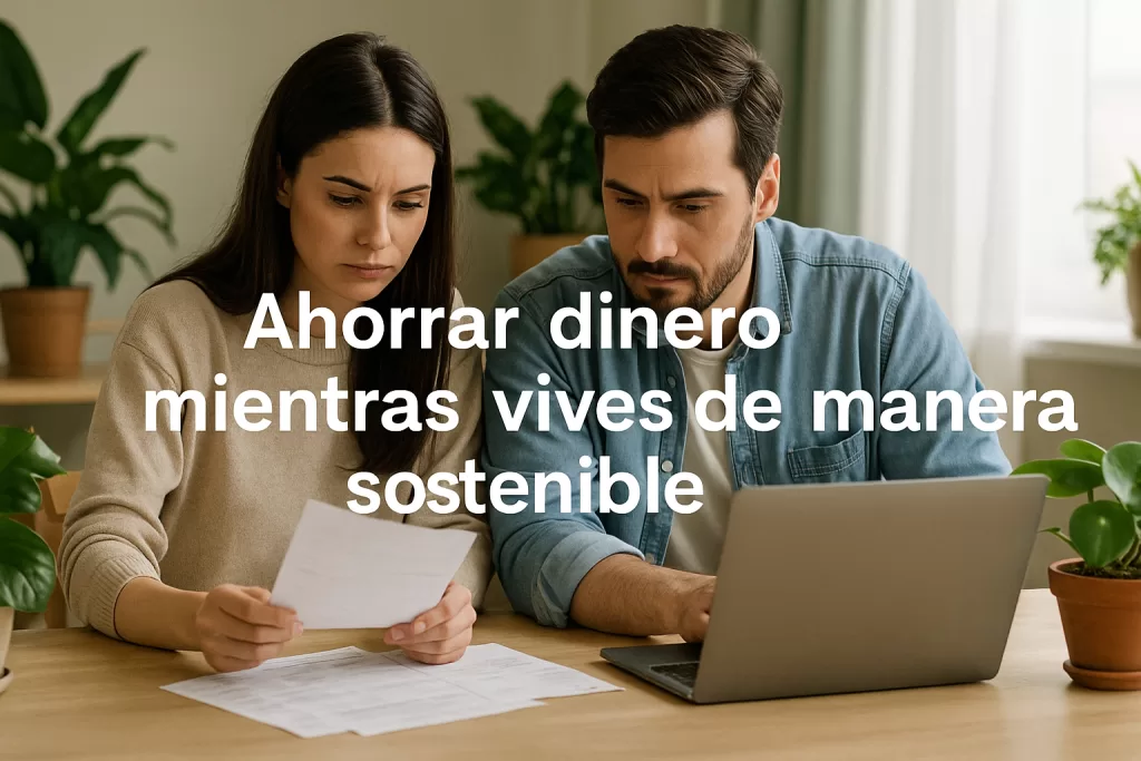 Familia joven revisando facturas en un hogar con plantas, transmitiendo la idea de ahorrar dinero mientras vives de manera sostenible