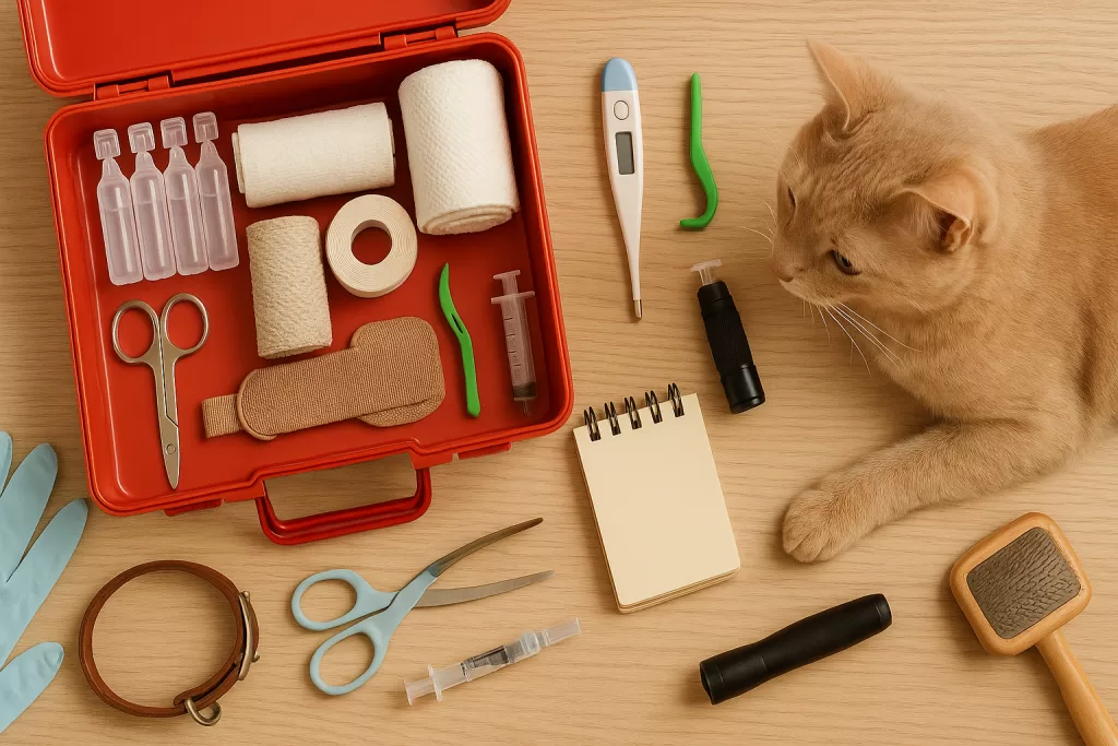 Botiquín para perros y gatos abierto con material esencial