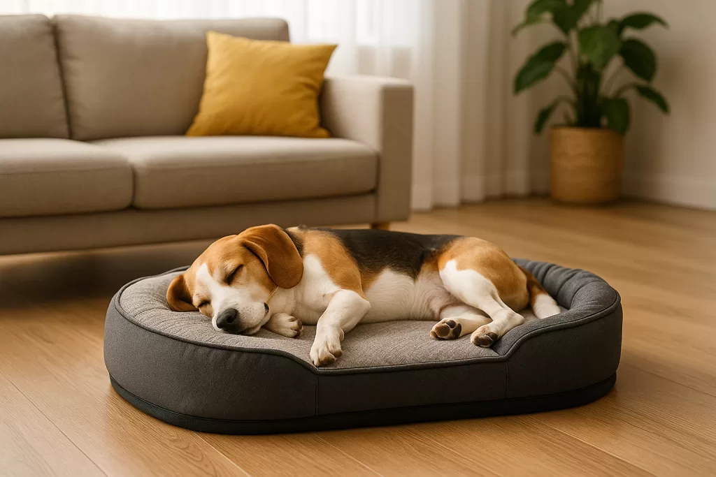 cama ideal para perros y gatos en salón luminoso con perro mediano durmiendo relajado