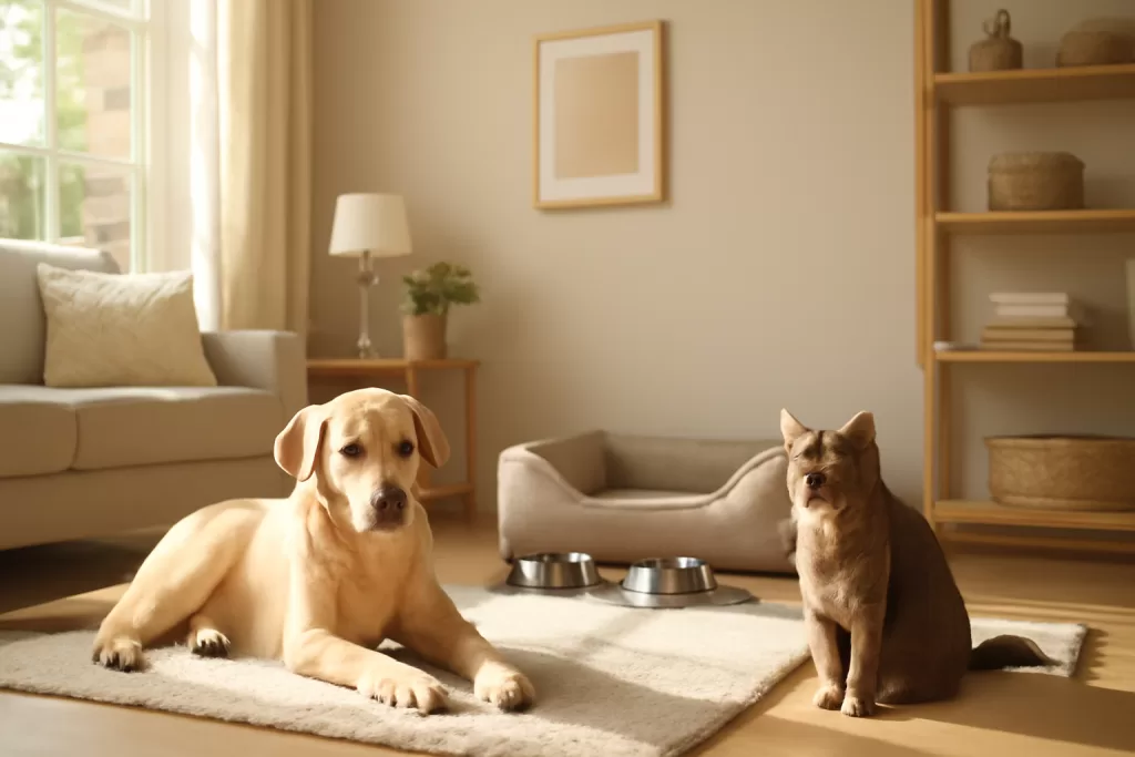 preparar la casa para un perro o gato con zona base ordenada cama firme cuencos y alfombra antideslizante