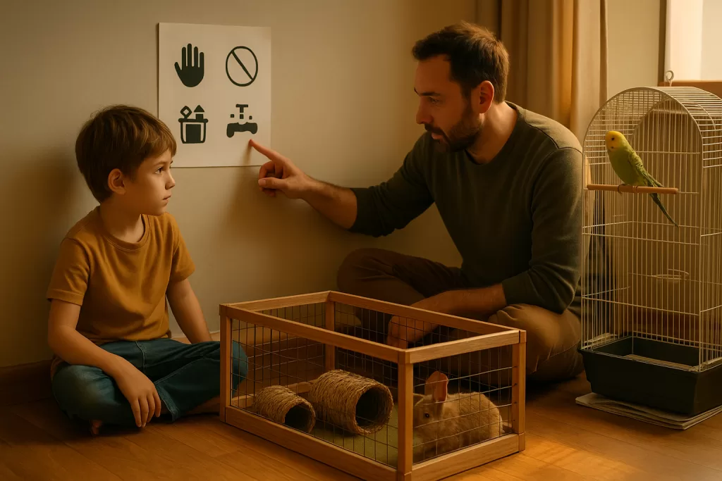 Convivencia entre niños y mascotas pequeñas en salón familiar