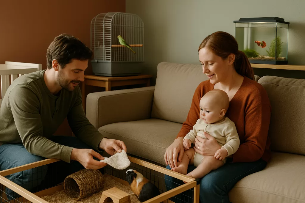 Convivencia feliz con mascotas pequeñas y bebés en casa
