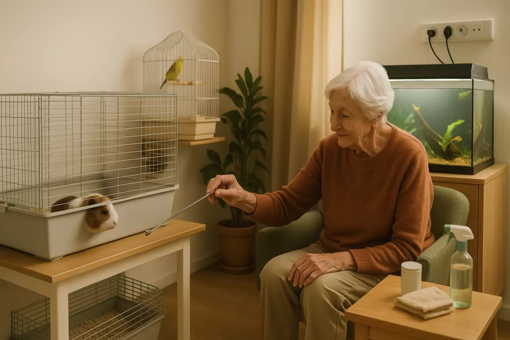 Convivencia feliz con mascotas pequeñas y personas mayores en casa