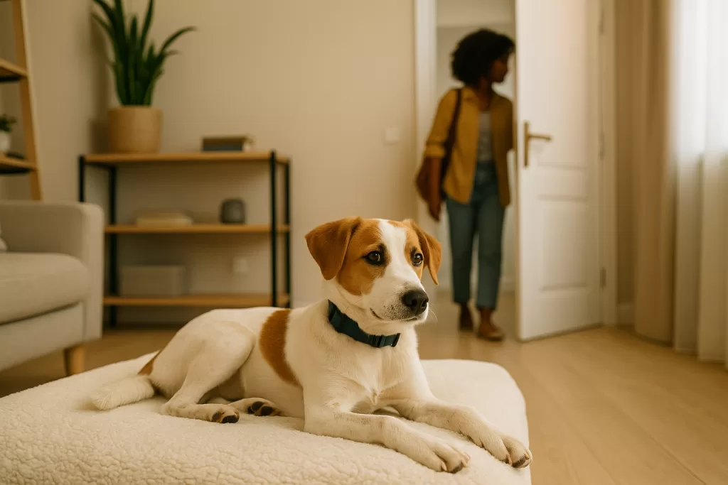 Perro joven relajado en su cama mientras la tutora sale por la puerta