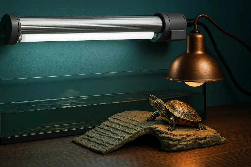 Lámparas UVB para tortugas de agua sobre plataforma de basking