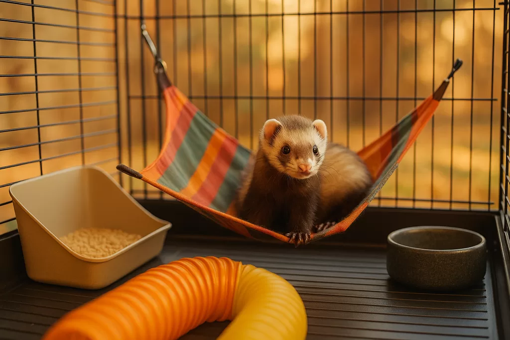 Primeros pasos con un hurón en hábitat seguro con hamaca