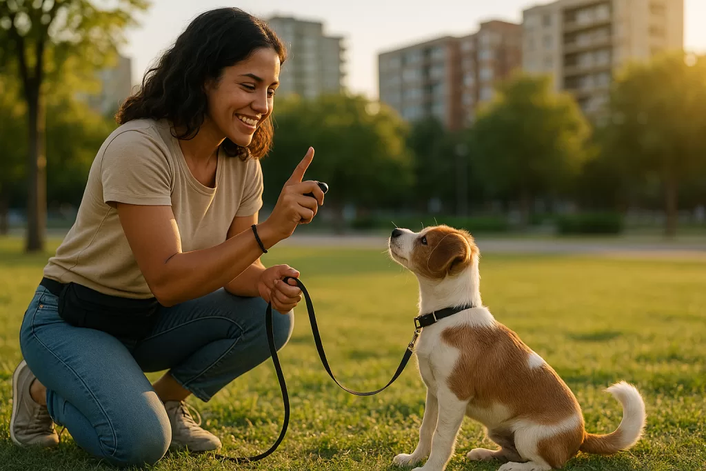 Joven entrenador con clicker guía a un cachorro en parque urbano