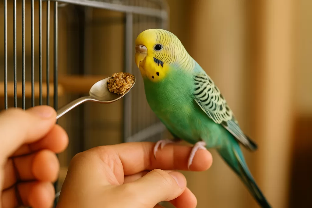 Socialización de periquitos principiantes con mano y premio