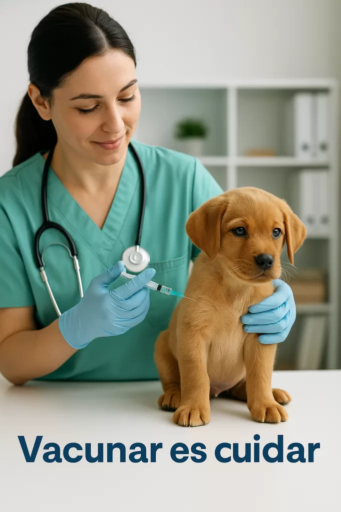 Veterinaria aplica vacuna a un cachorro