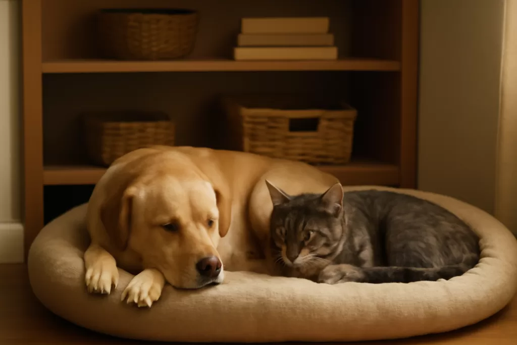 ansiedad de separación en perros y gatos con perro y gato relajados en zona de calma en salón luminoso