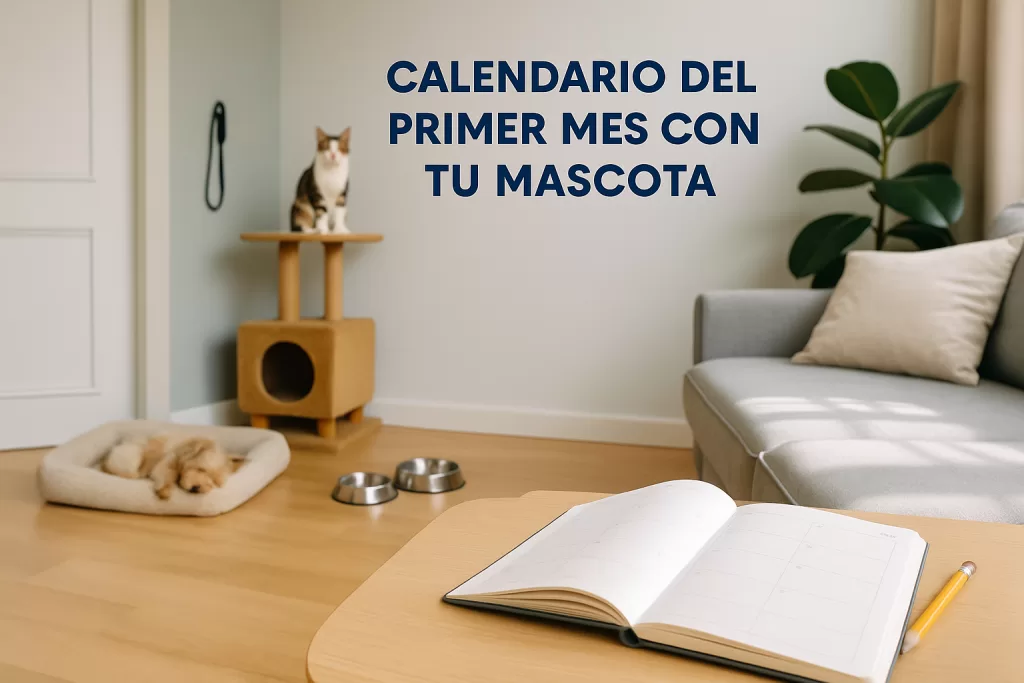 calendario del primer mes con tu mascota en salón con zona base y agenda abierta