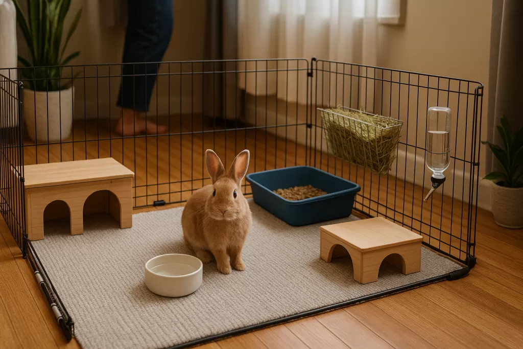 checklist primeros 7 días con un conejo doméstico en salón tranquilo con recinto, heno y bandeja higiénica