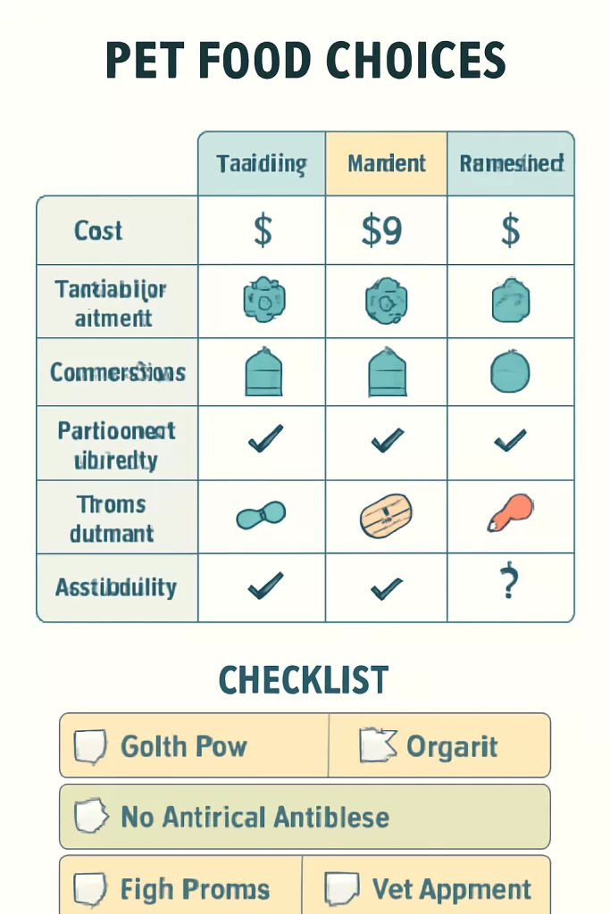 Infografía de comida premium natural o casera con tabla comparativa para principiantes
