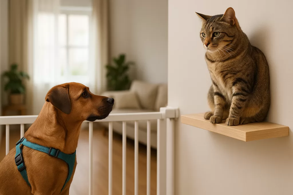 Convivencia entre perros y gatos en casa con barrera segura