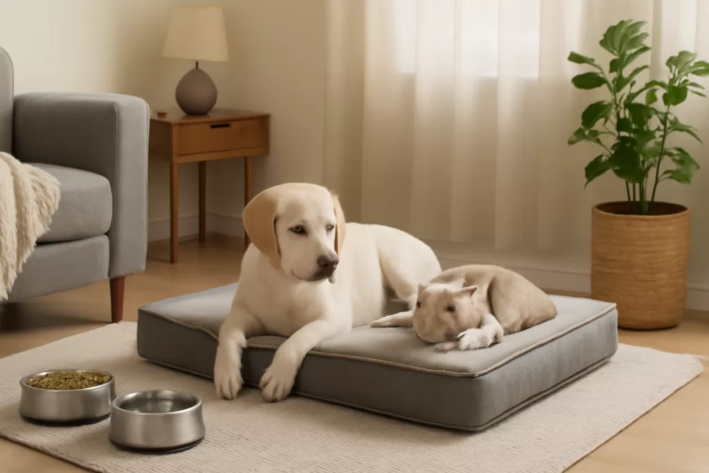 it inicial esencial para nuevo perro o gato con cama firme cuencos y valla ligera en salón luminoso