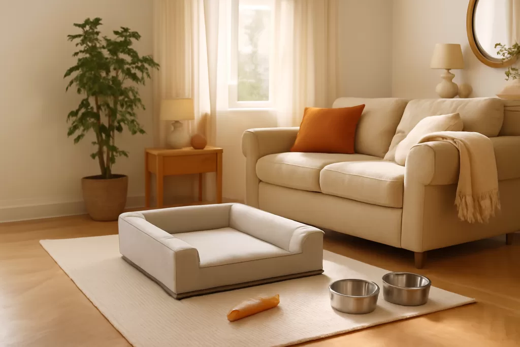 Salón luminoso con cama firme para mascota, alfombra antideslizante, cuencos pesados y juguete de masticación en rincón tranquilo