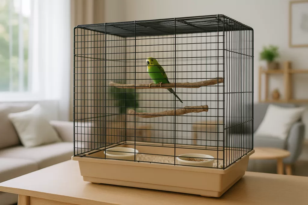 primeros pasos con un periquito en casa con jaula correcta perchas naturales y comederos en salón luminoso
