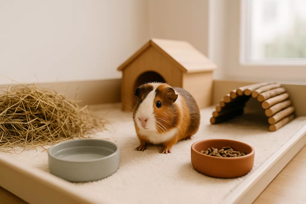 Recinto con heno, escondites dobles y cuenco estable.